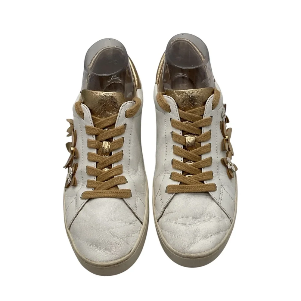 Michael Kors White Leather Gold Floral Applique Low Top Sneakers Womens 9.5 M